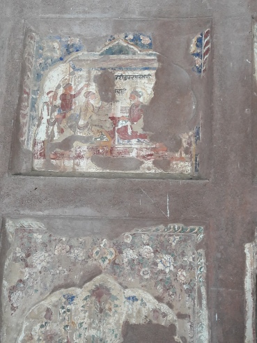 Damaged but stabilised fresco wall-paintings on the external walls of the Baba Atal shrine in Amritsar